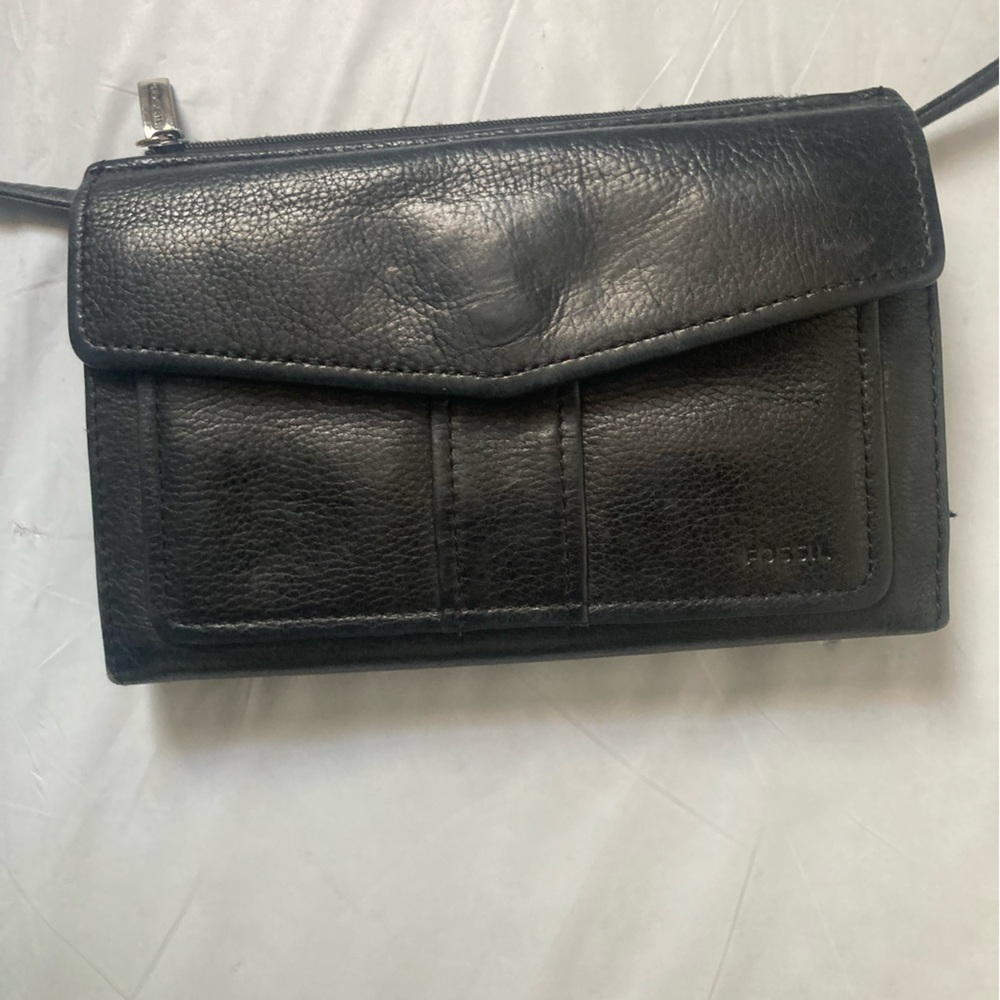 Fossil Black Leather Crossbody Wallet Purse